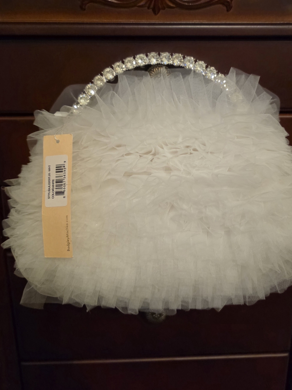 Jewel Badgley Mischka Ivory Ruffled Tulle Clutch with Crystal Handle NWT